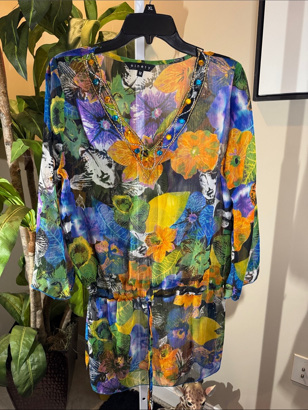 Ninety Multicolor Floral V-Neck shirt or swimsuit cover- up Yellow, Blue & Green